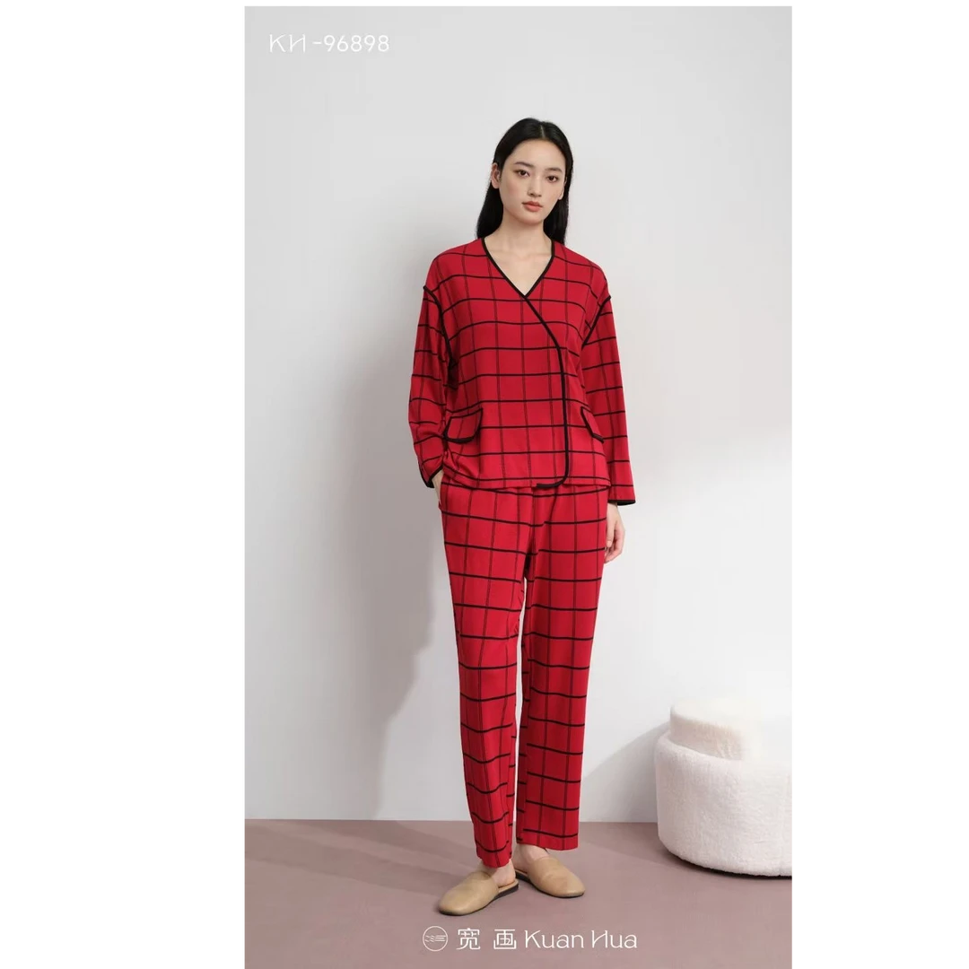 宽画构建新生系列新款女女士保暖长袖家居套装格子睡衣家居服