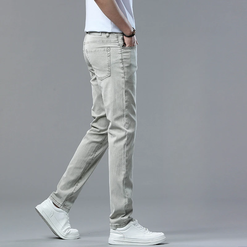 约蒂宾弗时尚休闲牛仔裤男夏季薄款百搭修身直筒杏色潮流男士裤子