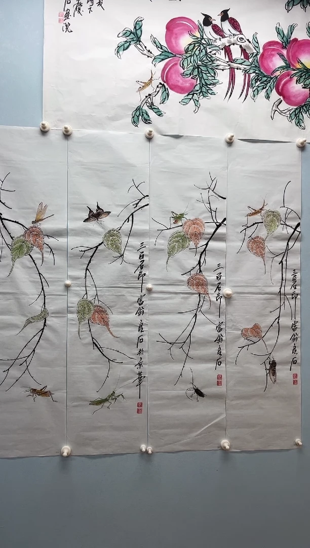 国画武天庆老师贝叶草虫四条屏