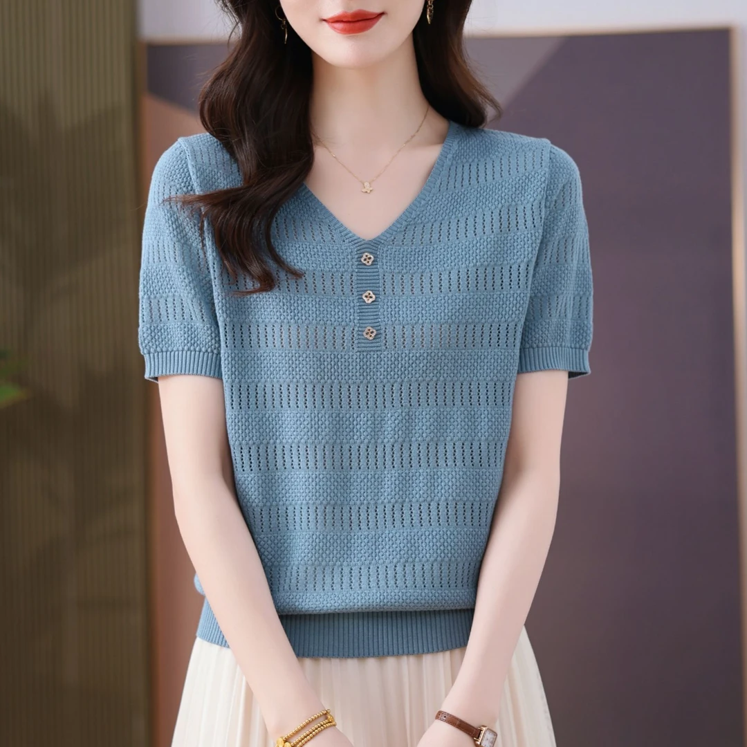 夏季V领T恤薄款宽松小衫时尚显瘦洋气百搭气质高档大码中年女装