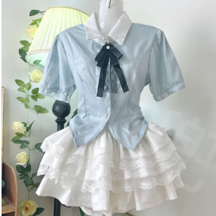 【兜小兜原创】蓝礼服甜妹蕾丝边假两件修身显瘦衬衣蕾丝蓬裙Lol