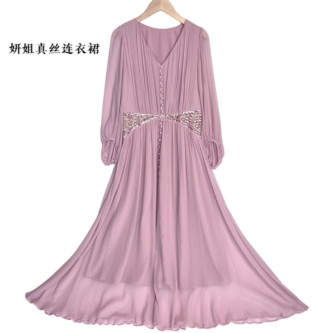 2025妍姐桑蚕丝女装连衣裙新款百搭日常走秀轻奢真丝玫瑰粉 23197