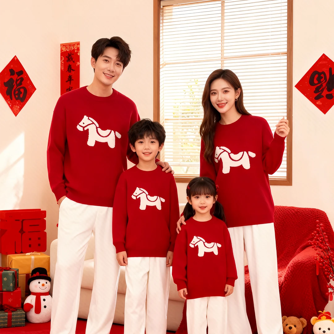 马年亲子装冬季红色毛衣一家三口春节过年母女装母子新年针织衫潮