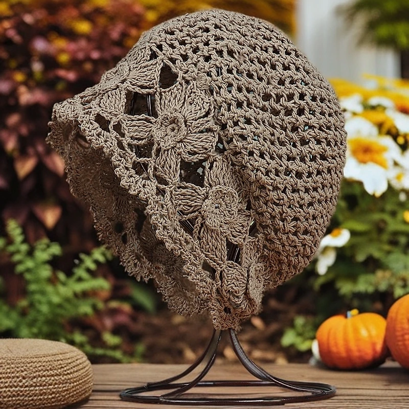 手工钩花帽子女镂空帽子洋气套头帽单层网眼包头帽宽松堆堆帽透气