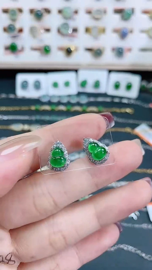 银S925镶嵌翡翠耳饰天然翡翠