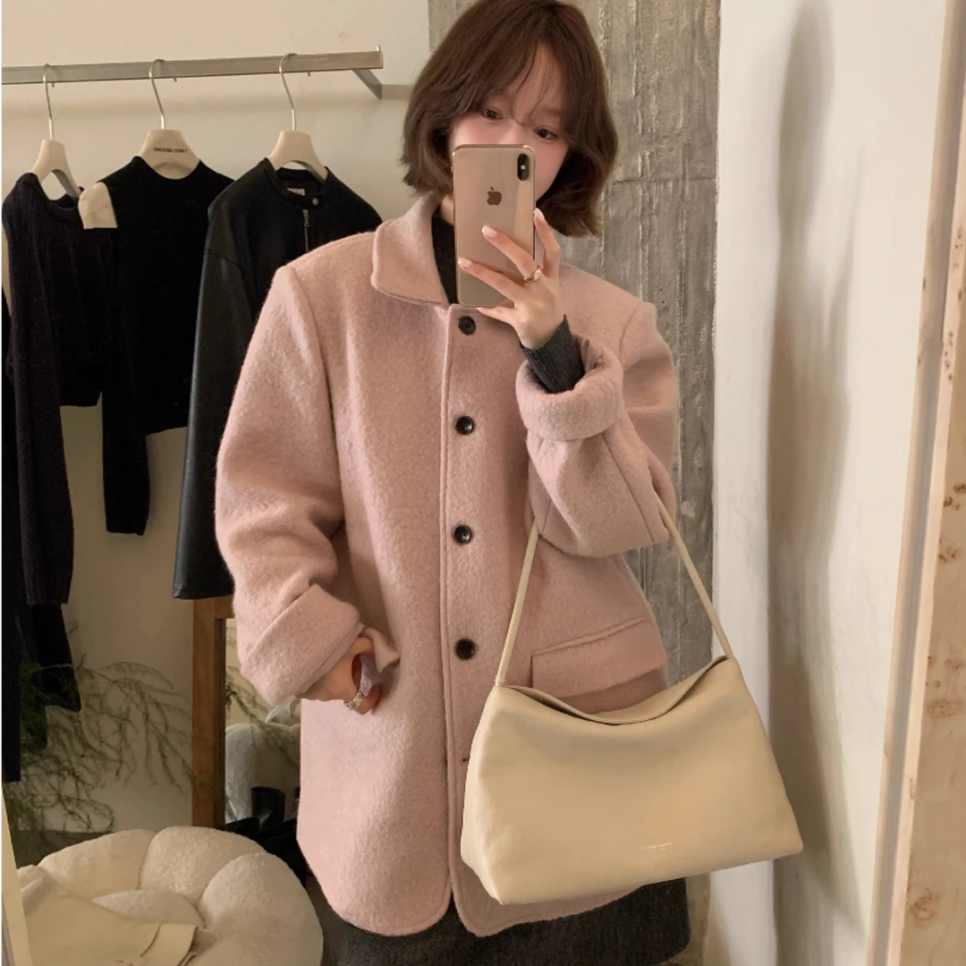高端货~气质高级感翻领毛呢外套女冬季百搭羊毛中长款呢子大衣