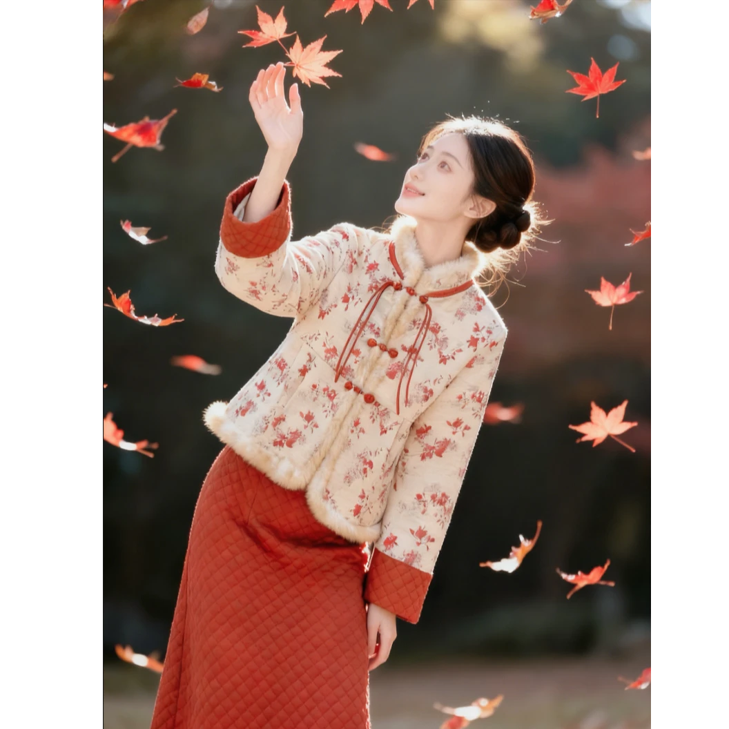 【心想事橙】冬季旗袍加绒套装过年拜年服新中式连衣裙复古中国风