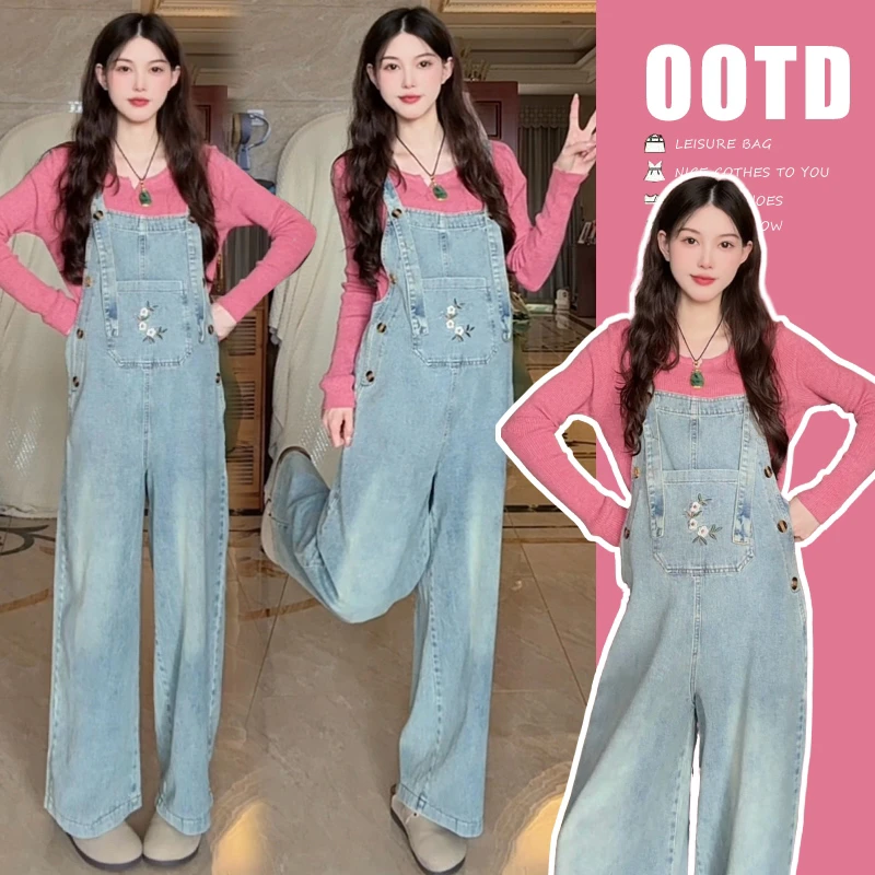 时尚孕妇春夏季新款针织打底衫+刺绣牛仔背带裤减龄连体裤套装