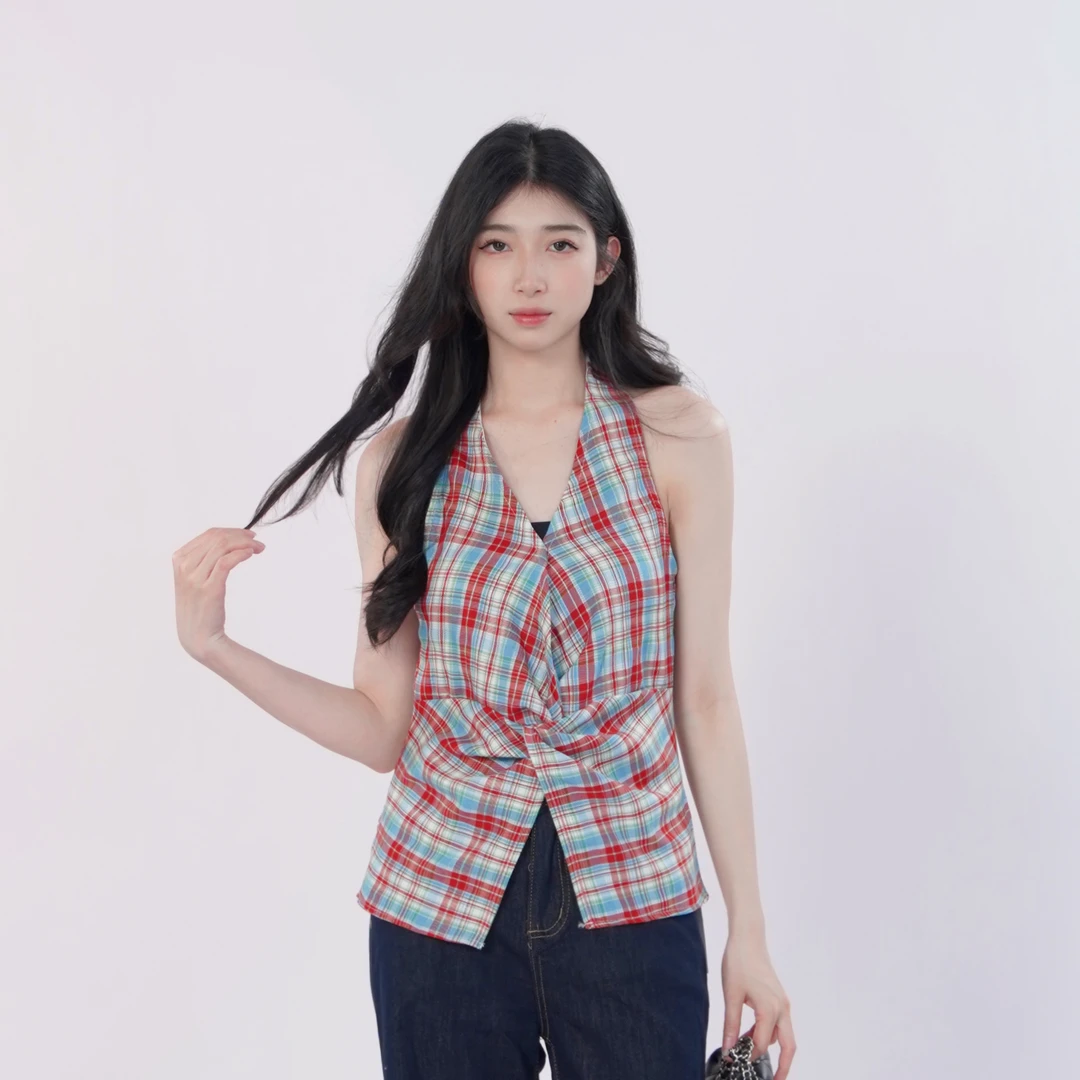 三福 夏季辣妹格子复古甜美修身遮肚子显瘦吊带背心503469