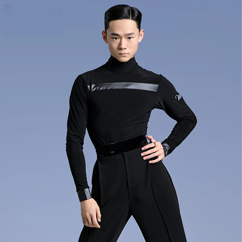 薇妮舞美拉丁舞练功服新品长袖高领男生摩登舞国标舞练习上衣T恤