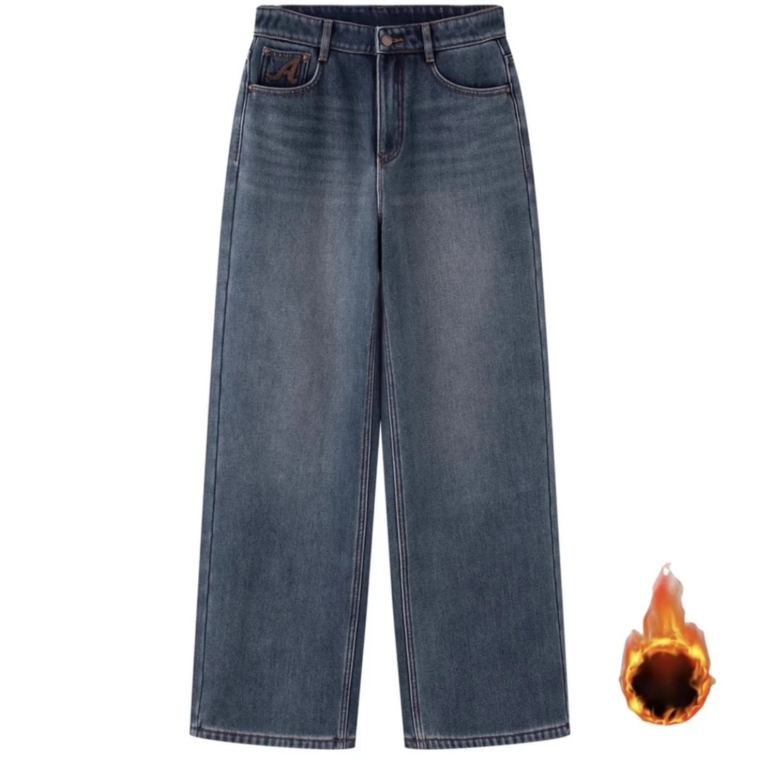 2025冬季新款加绒加厚休闲直筒牛仔裤简约百搭长裤4024