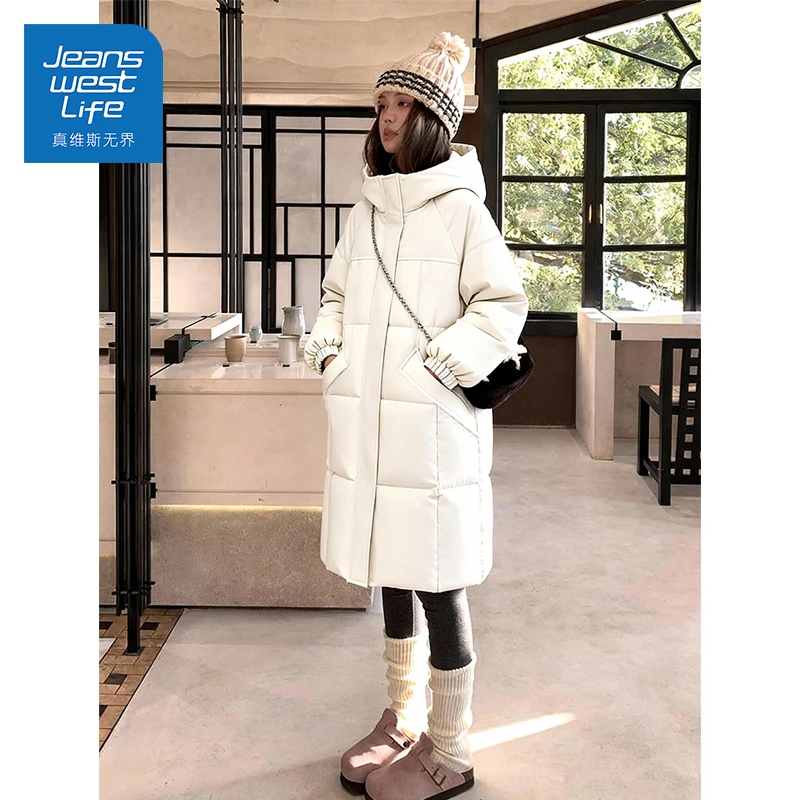 真维斯无界冬季连帽中长款棉服工装风多口袋零下抗寒过膝韩版外套