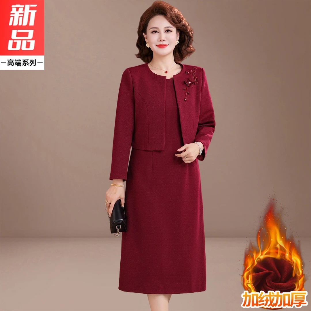 冬季妈妈婚宴礼服高贵年轻加绒加厚连衣裙中老年女装喜婆婆结婚装