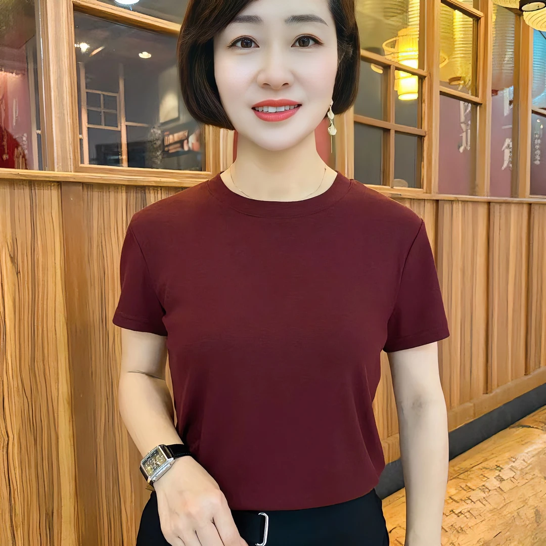 2025春夏时尚新款中老年妈妈装百搭纯色圆领显瘦洋气短袖恤上衣