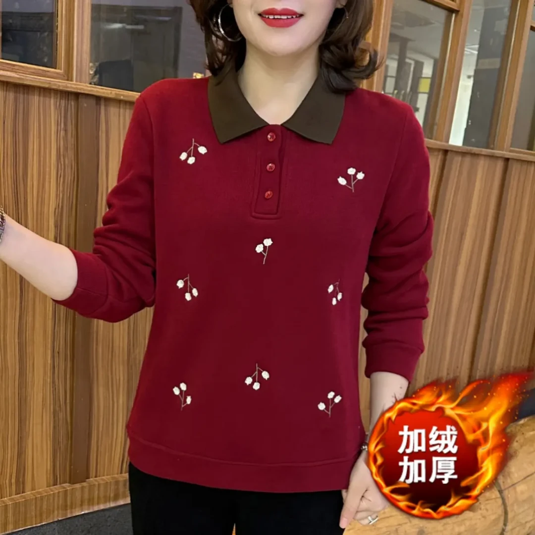 冬季加绒保暖卫衣女减龄气质Polo领时尚刺绣小花宽松简约百搭上衣