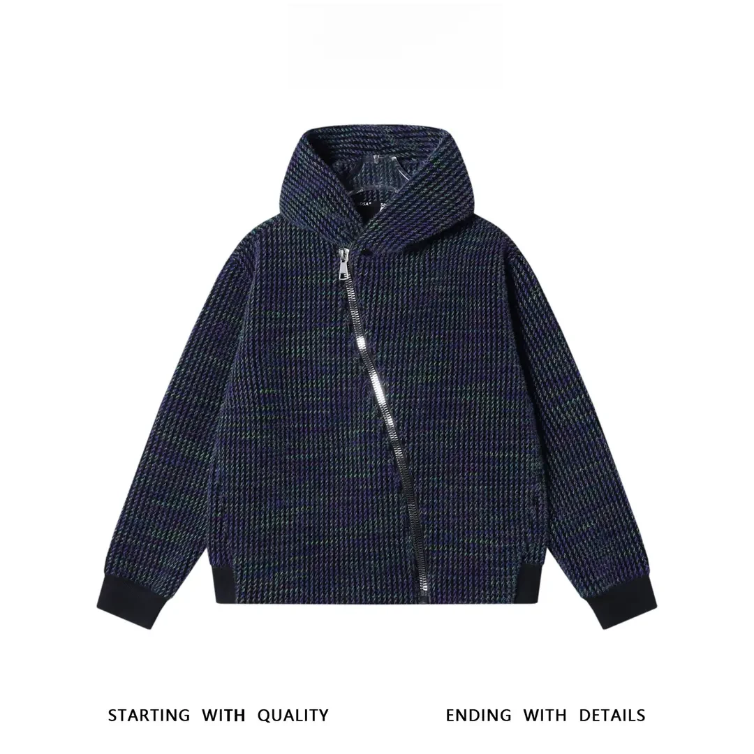 男士秋冬新款痞帅男装休闲彩色竖纹斜拉链连帽卫衣百搭时尚