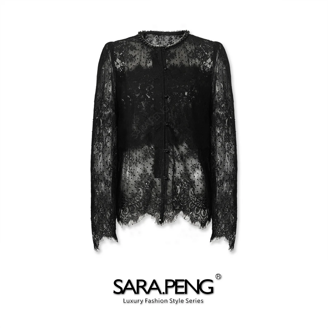 S.P撩人心怀/新款双层轻薄水溶蕾丝珠扣围领开衬刺绣立体花上衣