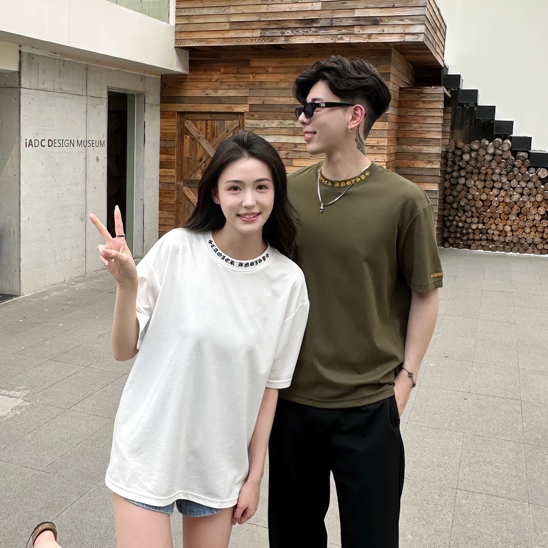 【青青服装】夏季新款男士短袖T恤潮牌领口印花圆领宽松百搭K0719