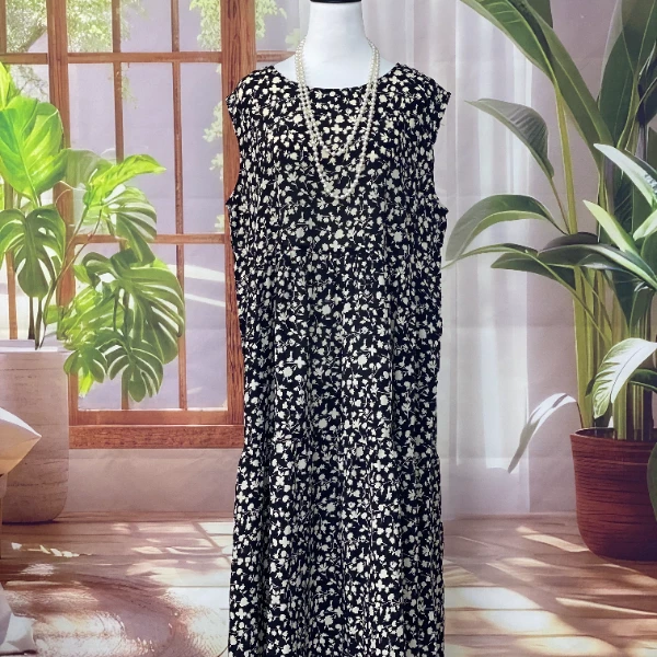 【桑蚕丝无袖连衣裙】真丝双绉花朵无袖连衣裙夏季新品圆领简约