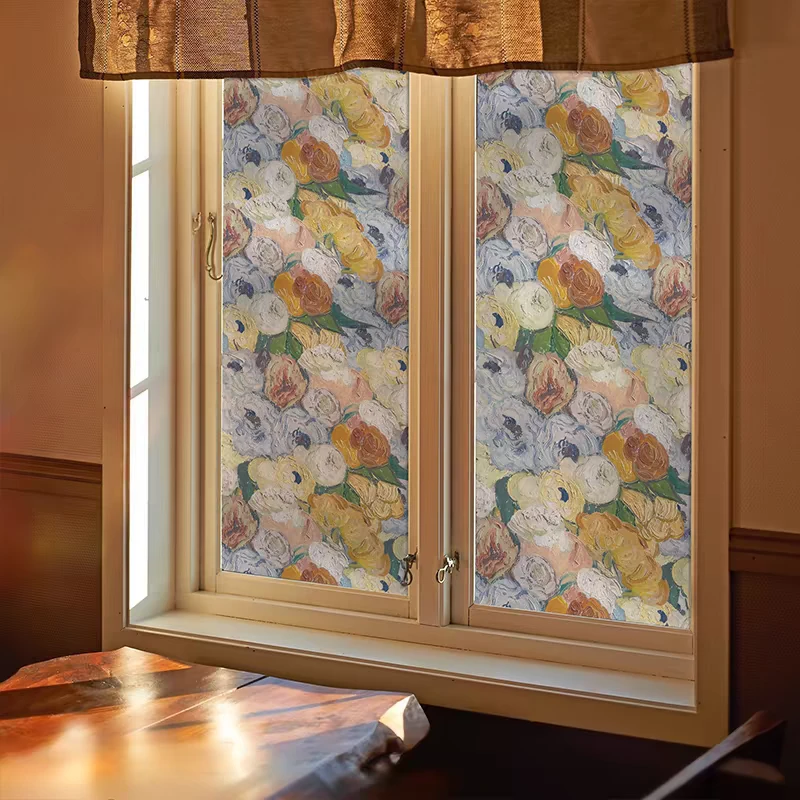 梵高油画门窗美化装饰磨砂玻璃贴膜透光不透明防眩光防窥玻璃贴纸