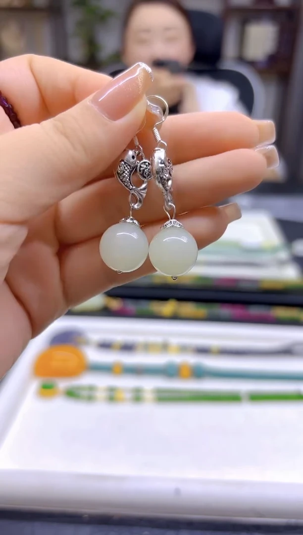 和田玉（白玉）银S925镶嵌耳饰DIY款E783