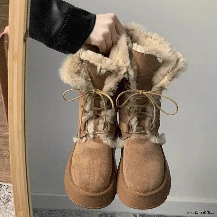 复古皮毛一体保暖雪地靴女2025冬季新款厚底加绒加厚防滑棉鞋女士