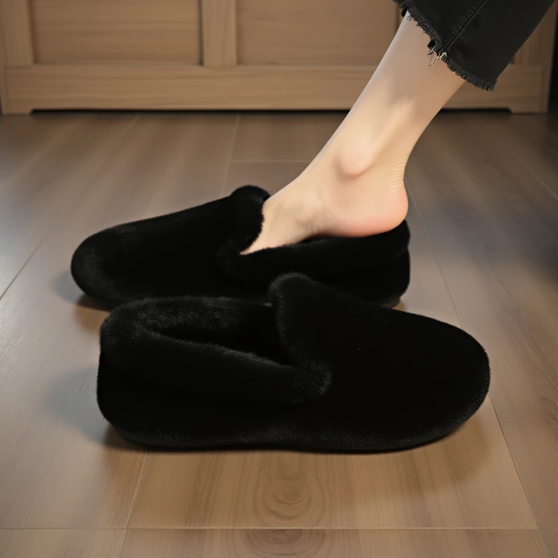黑色水貂毛毛鞋女冬季外穿高级感加绒保暖网红欧货一脚蹬软底棉鞋
