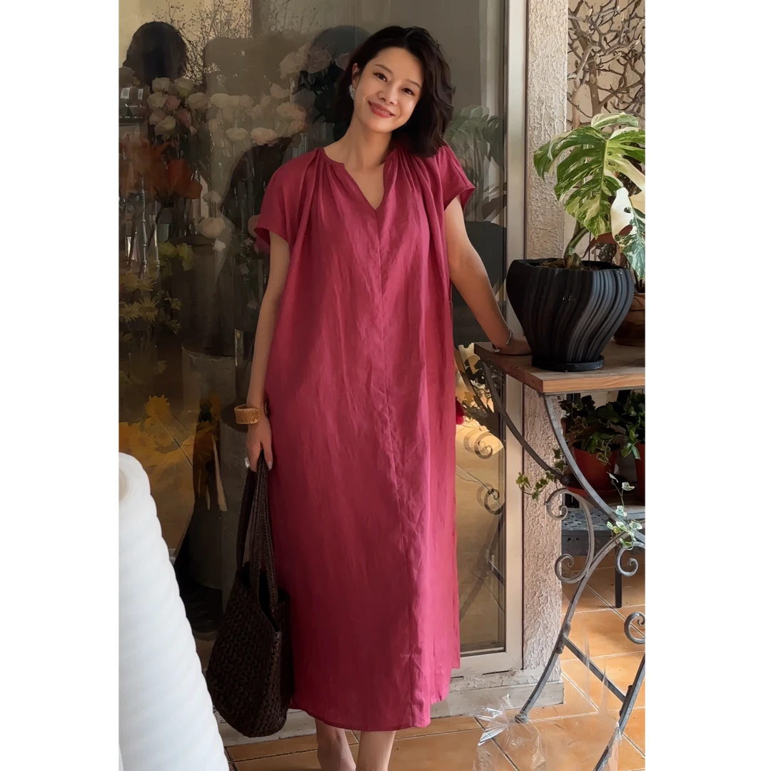 WENDU 2025春夏新款亚麻极简度假风连衣裙3190853J