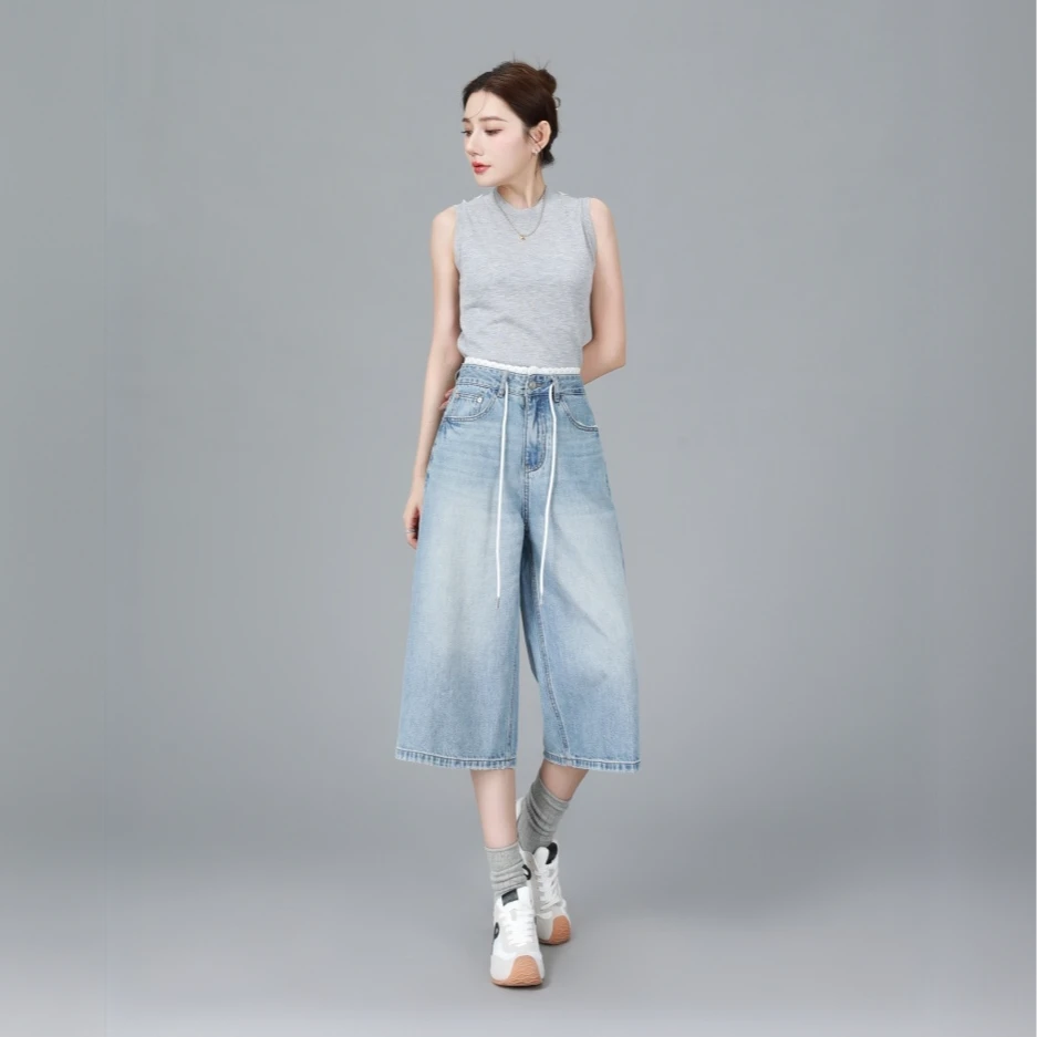 【花宁娜】霜华.夏季阔腿裤中腰刺绣女常规牛仔裤拼接直筒宽松百搭