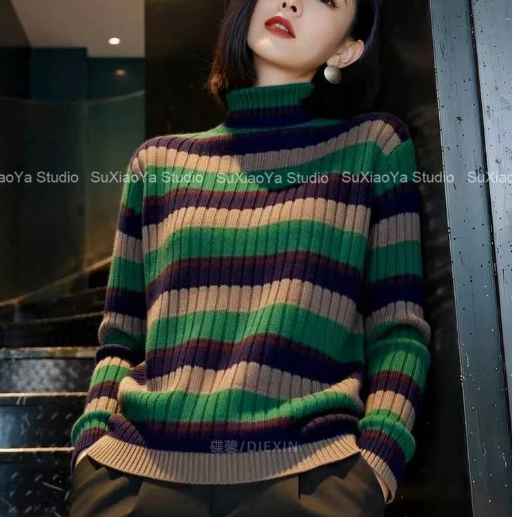 【渐变绿条纹】高领针织衫女长袖宽松加厚保暖针织套头毛衣