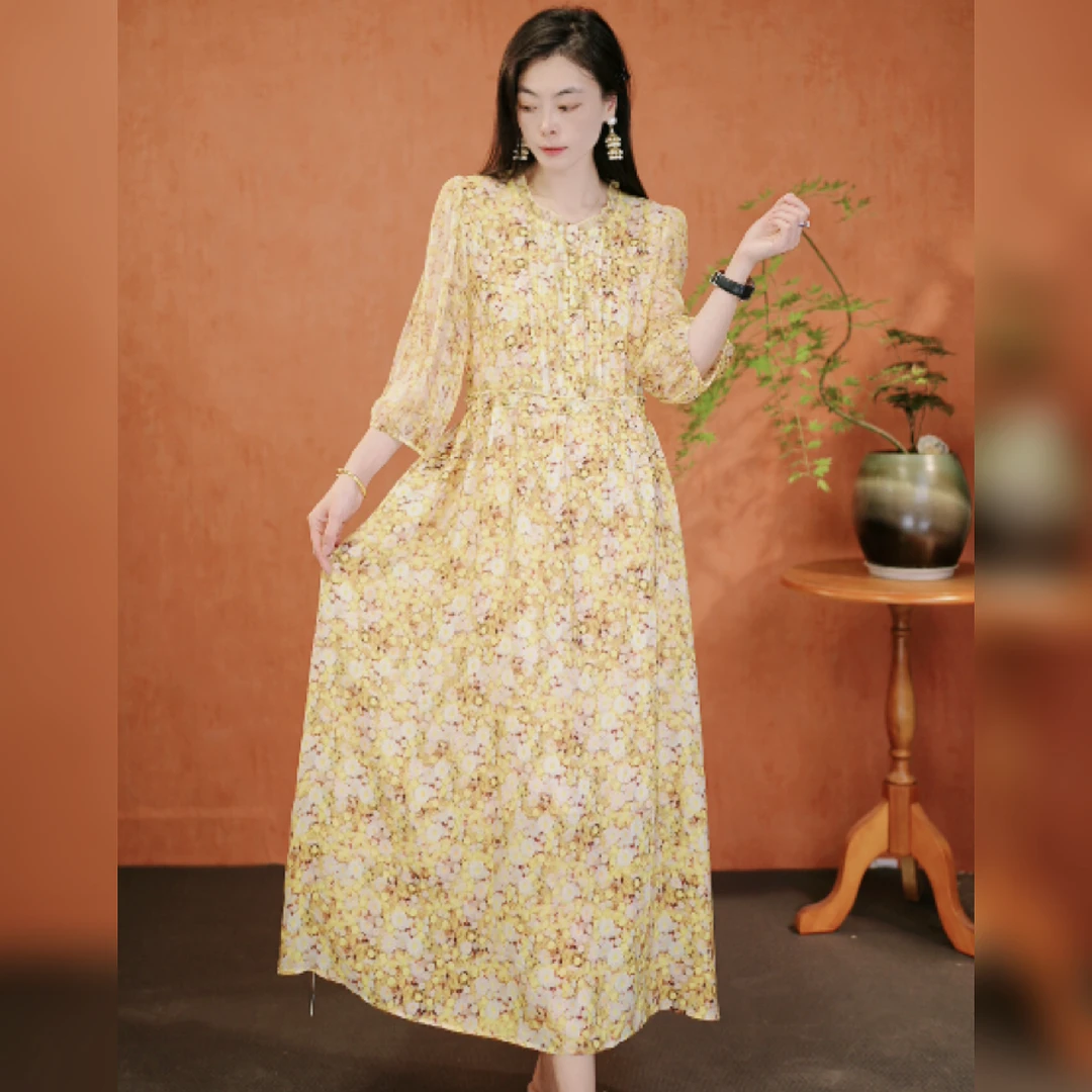 【多米拉】12924-10暖阳夏日桑蚕丝连衣裙气质时尚印花