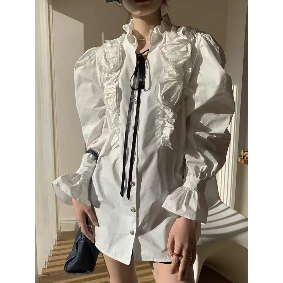 9921欧货春季法式立体玫瑰花绑带泡泡袖衬衫高级复古衬衣百搭女潮