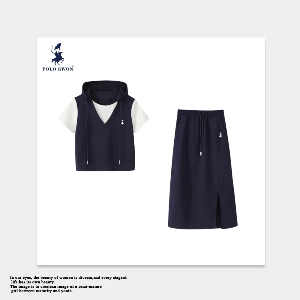 POLOGWON/保罗原创减龄刺绣百搭时尚撞色假两件连帽套裙套装25011