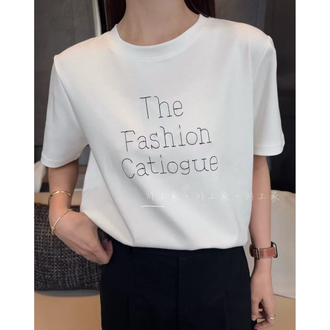 2025短袖t恤韩系简约百搭字母刺绣常规款休闲显瘦圆领套头打底衫