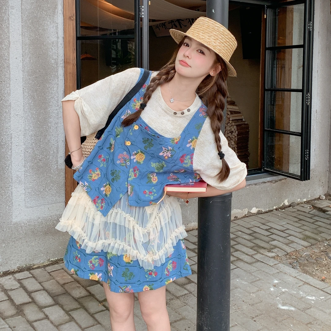 【晨夕专属】假两件上衣半身裙两件套女2025夏新款时尚独特绝美套装