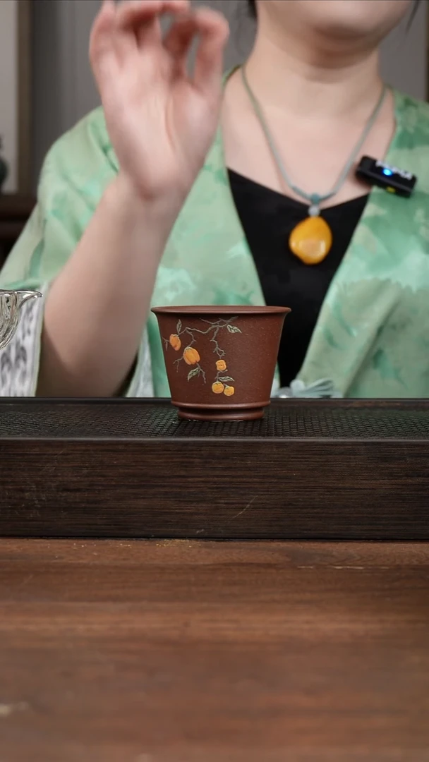 茶壶紫砂紫泥主人杯  ！  堆绘柿子