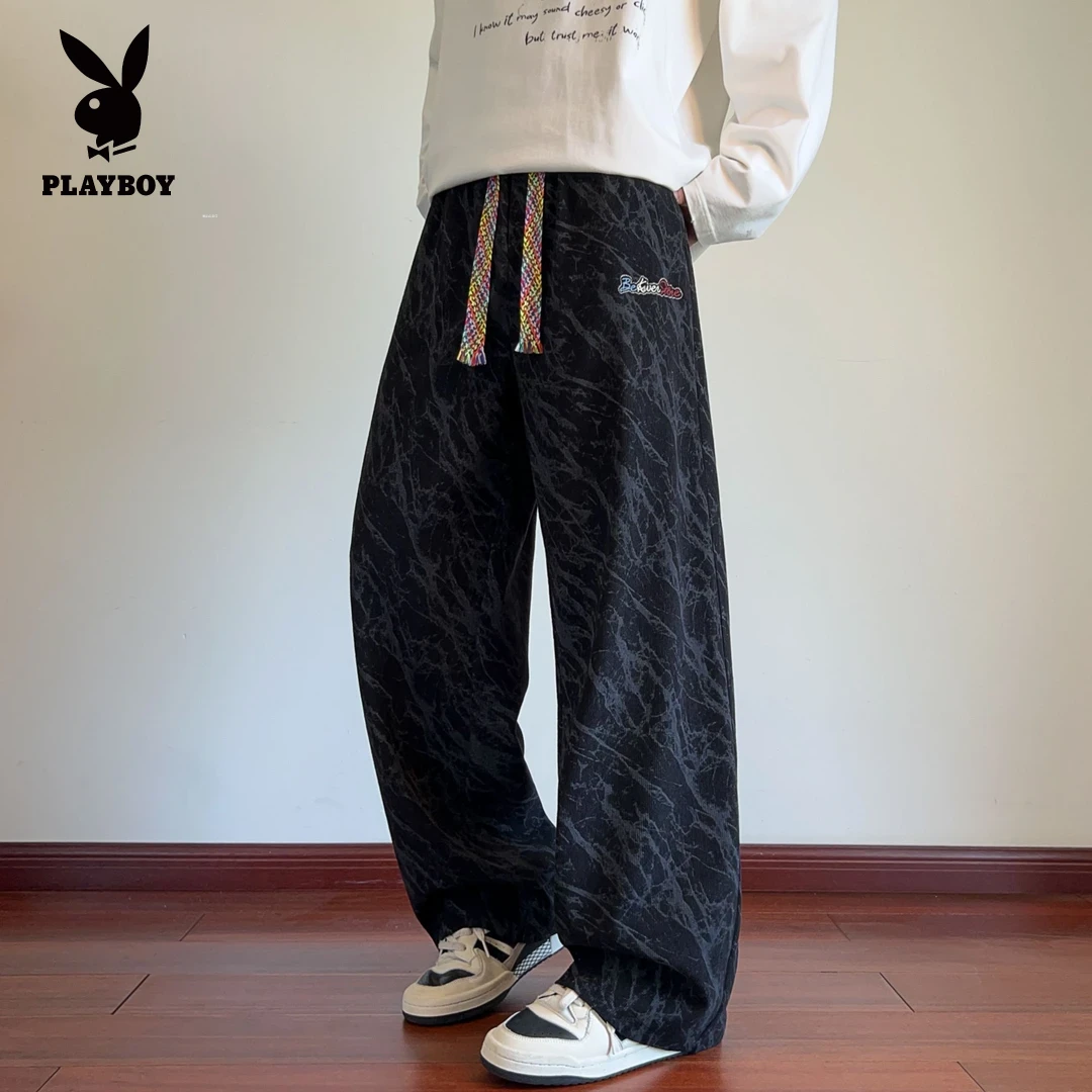花花公子扎染高街裤子男夏季百搭直筒潮流阔腿长裤慵懒风卫裤