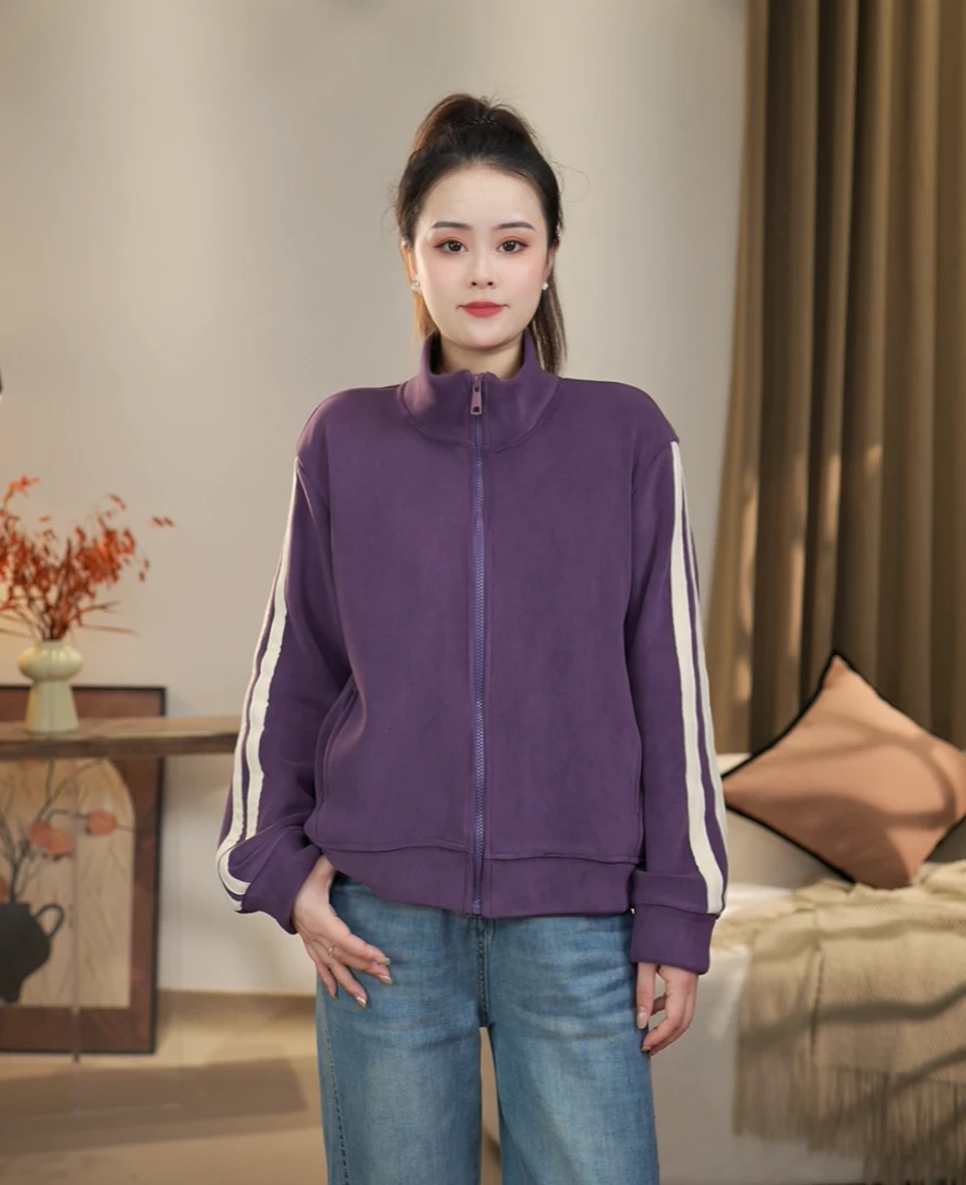 秋季新款时尚休闲百搭加绒加厚纯色保暖运动拼条立领长袖外套