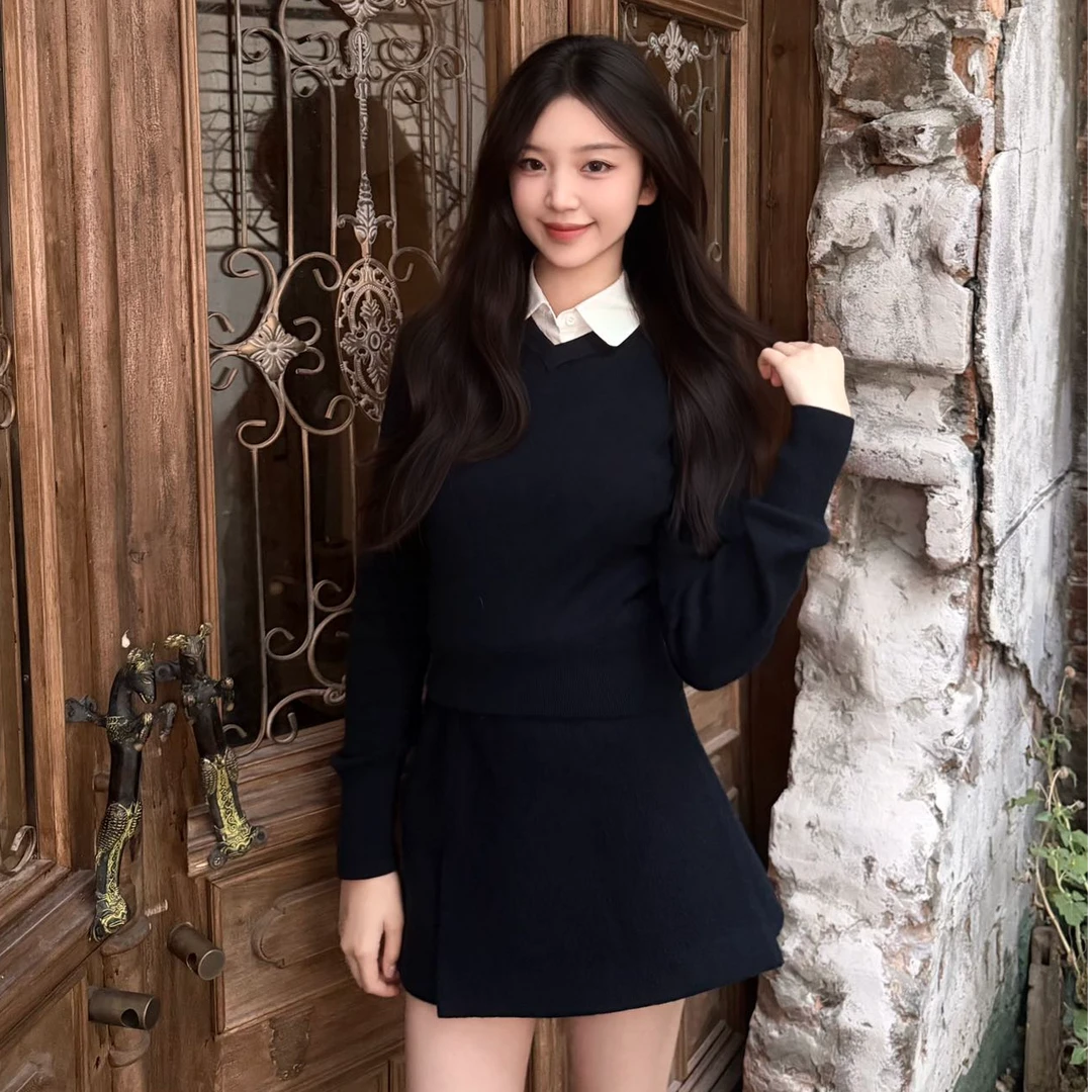 秋冬修身长袖纯色上衣时尚套装气质显瘦辣妹性感短裙外穿时尚套装