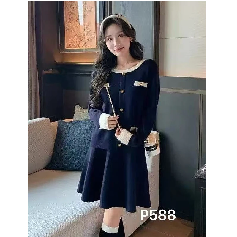 D588秋季穿搭小香风气质修身撞色领针织衫+半身裙两件套装女
