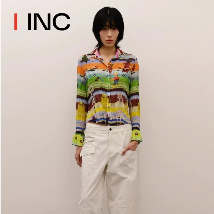 IINCBOUTIQUESHORT SENTENCE春季新款褶皱雪纺印花衬衫设计感上衣