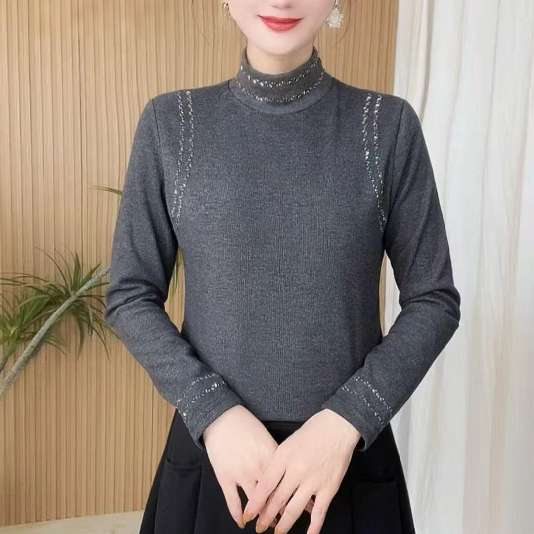 冬季新品女士烫钻长袖半高领内搭修身显瘦加绒打底弹力洋气衬衫