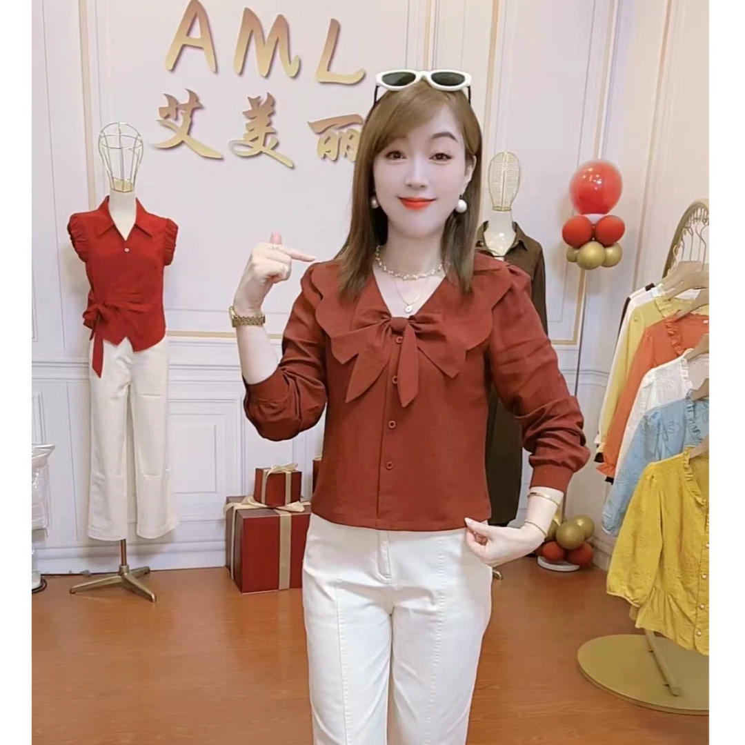 AML2  蝴蝶领早秋新款时尚百搭甜美遮肚显瘦短款长袖气质衬衫