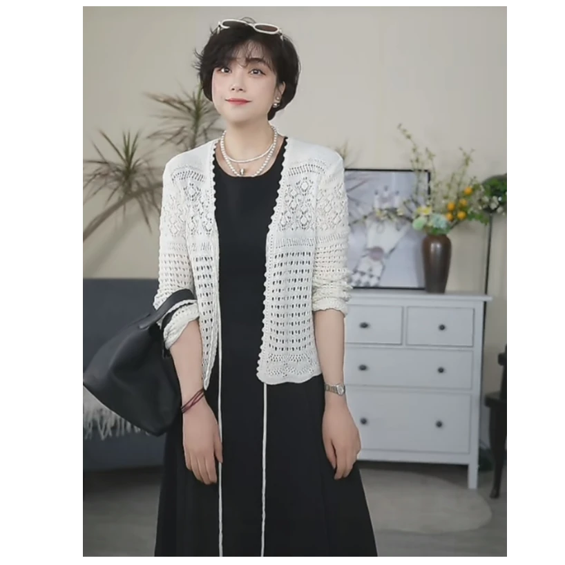 【U.M】钩花开衫针织天丝亚麻针织镂空无扣长袖针织开衫外套上衣