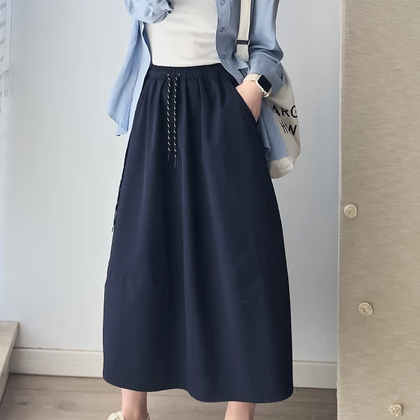 藏青色抽绳工装半身裙女夏季新款大码胖mm遮胯显瘦中长款a字伞裙