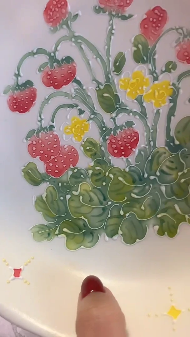 一味*手绘*草莓满天星双耳盘