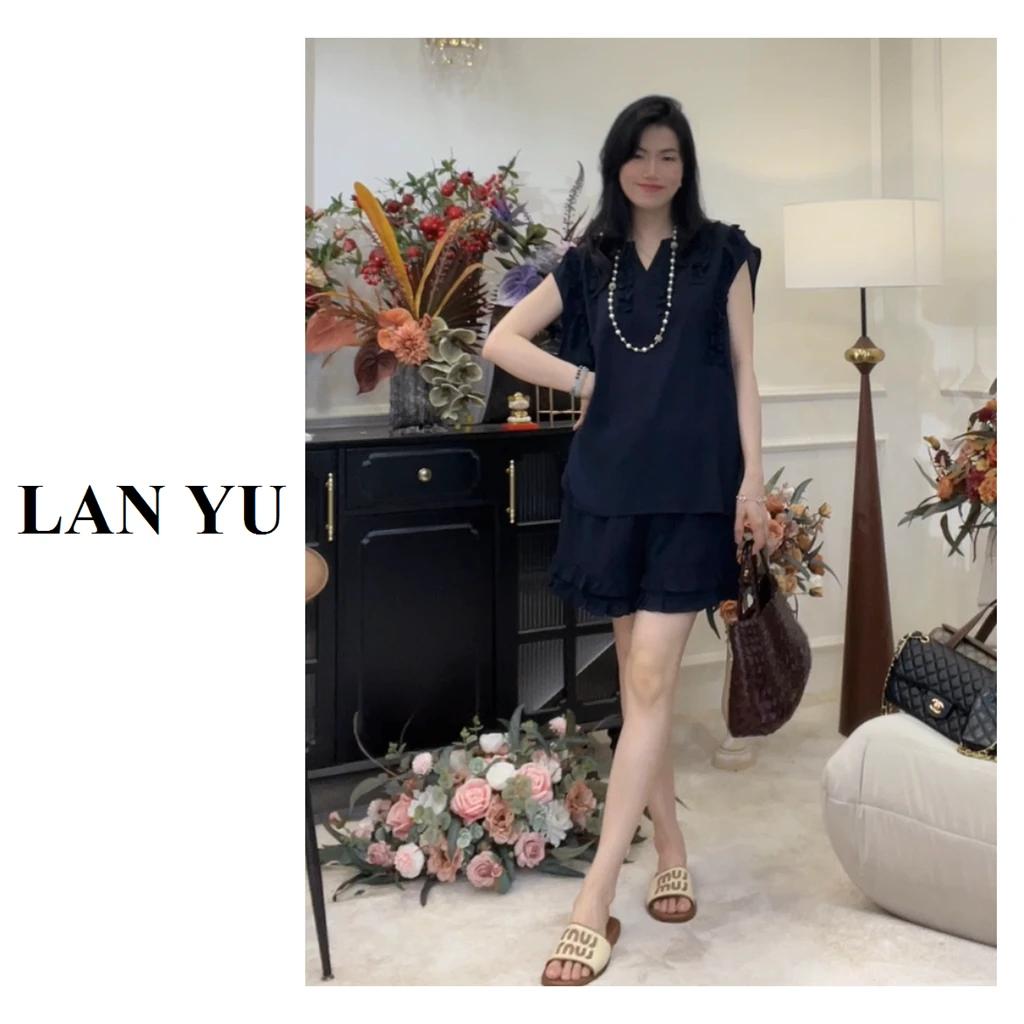 上衣+短裤【朝花夕时】冰凉感两件套气质套装V领木耳边捏褶显瘦夏季