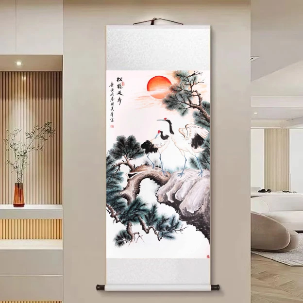 【松鹤延年】45x140cm新中式竖幅实木卷轴画客厅书房茶室挂画