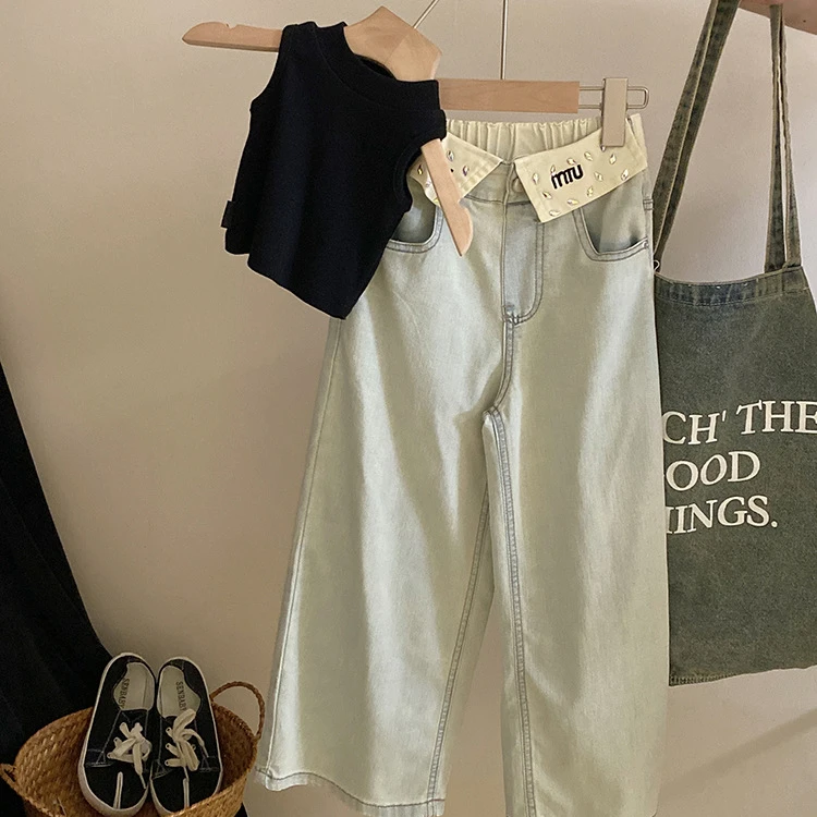 韩版洋气女童套装2024夏季气质无袖针织背心潮范烫钻翻边牛仔裤潮