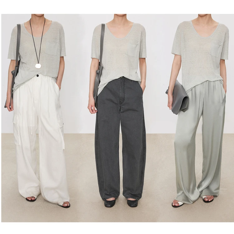 CHICJOC意大利清凉肌理感亚麻 随性卷边小口袋朦胧微透尖U领空气T